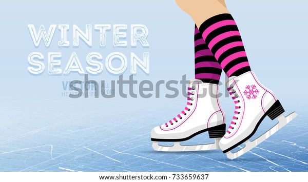 Pair of white Ice skates. Figure skating. Women\'s\
ice skates. Texture of ice surface. Winter sports. Vector\
illustration background.\
Banner.