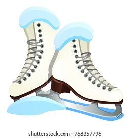 Pair of white Ice skates isolated on white background. Equipment for winter sports. Sample of poster, party invitation, festive banner, card. Vector cartoon close-up illustration.