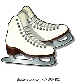 Pair of white ice skates isolated on white background. Equipment for winter sports. Sample of poster, party invitation, festive banner, card. Vector cartoon close-up illustration.