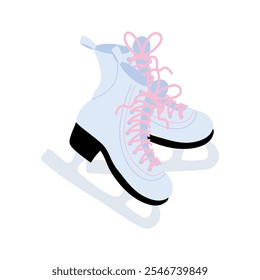 Pair of white leather women skates with pink laces isolated on white background. Hand drawn vector illustration in flat style. Winter ice skating equipment, sport concept, hobby, Christmas symbol