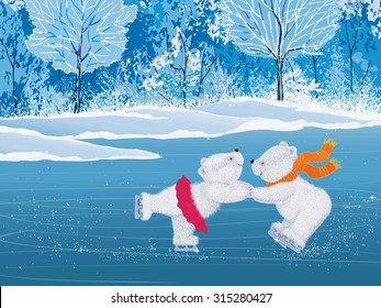 Pair of white little bears skating 