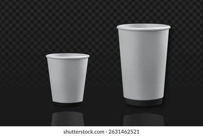 Pair of white paper cups in different sizes on reflective surface, ideal for coffee shop branding, drink packaging mockups, and food service designs. Clean vector style with realistic details.