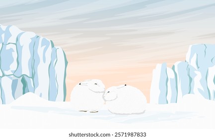 Pair of white polar hares near the glacier. Wild animal of the Arctic tundra. Realistic vector northern landscape