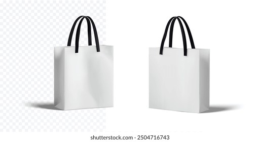 Un par de bolsas de compras blancas con asas negras, aisladas sobre un fondo blanco. El diseño limpio y minimalista hace que estas bolsas sean ideales para maquetas de marca, marketing minorista o empaque de productos.