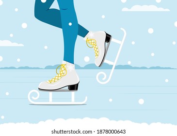 Pair of white skates. Figure skating. Women's skates. Winter active outdoor leisure ice skates. vector illustration.