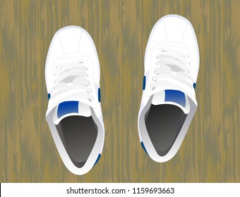 A pair of white sneakers with blue isolated on the floor; top view; vector