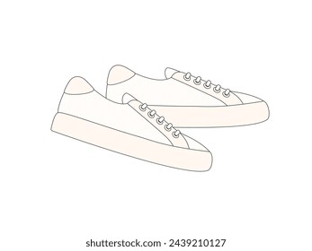 Pair of white Sneakers isolated. Flat design hand Drawn accessory. Side view Casual walking shoes. Teenage Jogging sports footwear. Clothing element for design. Jogging sports 