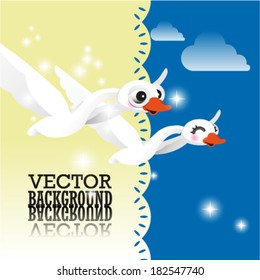 Pair of white swans flying in the sky. Vector illustration 