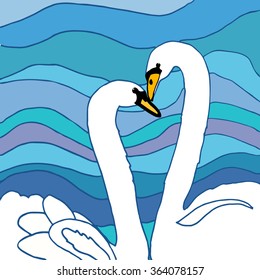 Pair of white swans on a background of water vector illustration