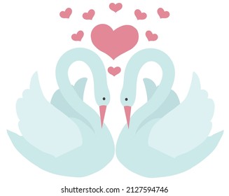 A pair of white swans and pink hearts coming from them. Cartoon style. Vector stock illustration isolated on white background.