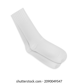 Pair of white textile socks mockup, 3d realistic vector illustration isolated on white background. Classic length cotton socks foot garment for sport and daily wear.