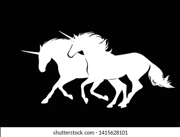 pair of white unicorn horses running together - side view mythical animals vector silhouette