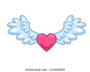A pair of wide spread angel wings with red heart in the middle. Blue and white feathers. Love and Valentine day symbol. Cartoon vector illustration isolated on white. 
