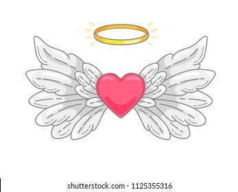 Un par de anchas alas de ángel con halo dorado o nimbus y corazón rojo en el medio. Plumas grises y blancas. El amor y el símbolo de San Valentín. Ilustración vectorial aislada en blanco. 