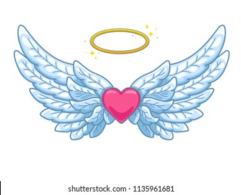 Un par de anchas alas de ángel con halo dorado o nimbus y corazón rojo en el medio. Plumas azules y blancas. El amor y el símbolo de San Valentín. Ilustración vectorial aislada en blanco. 