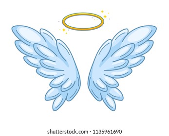 A pair of wide spread angel wings with golden halo or nimbus. Blue and white feathers. Contour drawing in modern line style with volume. Vector illustration isolated on white. 