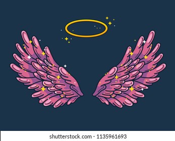 A pair of wide spread angel wings with golden halo or nimbus. Pink and violet feathers with sparkling stars on dark background. Magic fantasy concept. Vector illustration. 