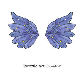 A pair of wide spread angel wings. Deep violet feathers with sparkling stars. Magic fantasy concept. Vector illustration isolated on white. 