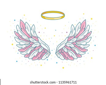 A pair of wide spread angel wings with golden halo or nimbus. Pink, grey and white feathers with sparkling stars. Magic fantasy concept. Vector illustration isolated on white. 