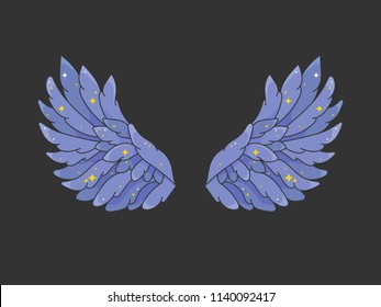 A pair of wide spread angel wings. Deep violet feathers with sparkling stars on dark background. Magic night fantasy concept. Vector illustration. 