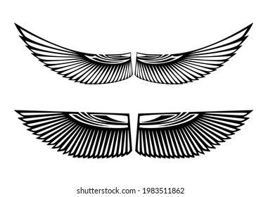 pair of wide spread bird wings - ancient egyptian style black and white vector design set