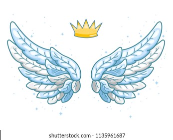 A pair of wide spread blue angel wings with golden crown above. Little prince or princess concept. Contour drawing in modern line style with volume. Vector illustration isolated on white. 