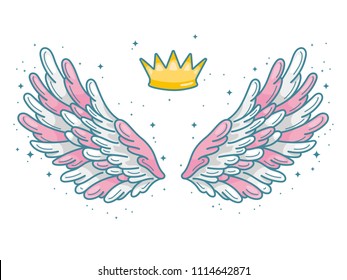 A pair of wide spread pink, grey and white angel wings with golden crown above. Little prince or princess concept. Contour drawing in modern line style with volume. Vector illustration isolated 