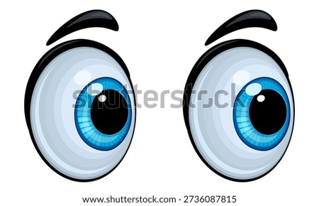 Pair of wide-open, expressive cartoon eyes with bright blue irises and dark pupils. The eyes are glancing to the side, conveying a look of surprise, curiosity, or suspicion. Perfect for character creation, mascots, and humorous graphic design.