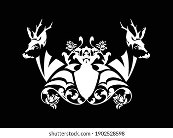 pair of wild roe deer stags with heraldic shield among rose flowers - medieval style coat of arms black and white vector design