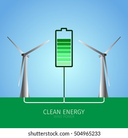Pair of windmills and a battery, Clean energy vector illustration