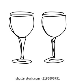 Pareja de vasos de vino aislado vector de arte de línea. Gafas en piernas para bebidas alcohólicas. Utensilios para beber contorno negro sobre fondo blanco. Gafas de cristal para vacaciones