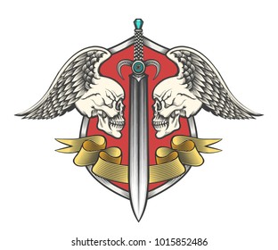 Pair winged skulls and swords with ribbon on shield. Heraldy coat of arms drawn in engraving style. Vector illustration.