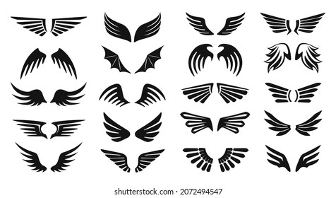 Pair of wings icon, flying birds wing silhouette logo. Black heraldic eagle or angel wings, hawk or phoenix badge, tattoo, insignia icons set. Majestic gothic symbols isolated on white