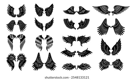 Pair of wings, isolated set of silhouette of stretched winged feathers. Vector in flat style, part of angel or animal. Symbol or design for tattoos and classic labels or banners, minimalist ornaments