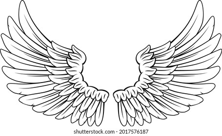 A pair wings like those of an angel or eagle with feathers