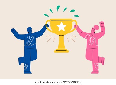 A pair of winners men and women holding gold cups. Victory,  achieving the goal concept. Colorful vector illustration
