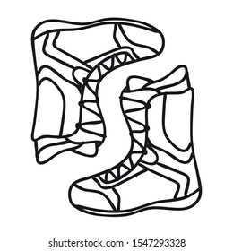 Pair winter boots. Ski shoes. Snowboard accessories. Winter sport element. Black and white icon isolated on white background.