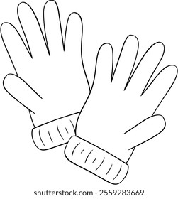 Par de guantes de invierno, equipo de protección de Clima frío. Vector aislado en la composición de línea gráfica de fondo blanco
