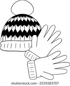 a pair of winter gloves with hat graphic line composition. Vector illustration Suitable for poster designs, cards, animations, logos, banners, glove icons.
