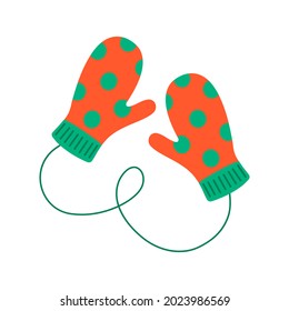 Pair of winter knitted mittens with polka dot pattern. Cozy woolen kids gloves isolated on the white background. Vector flat illustration.