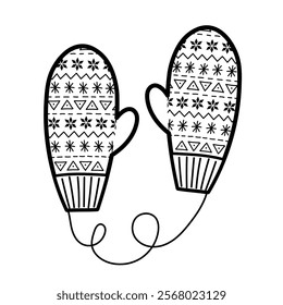 A pair of winter mittens in black and white. Hand drawn mittens coloring page. Vector illustration