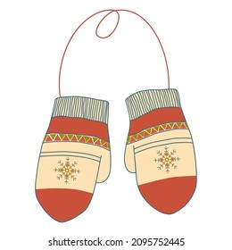 Pair of winter mittens isolated on white background. Vector illustration in boho style. Warm mitten icon. Christmas greeting card with mittens.