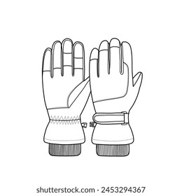 Pair of winter ski snow gloves. Winter equipment accessories design. Mittens designed a technical flat sketch template isolated on a white background.