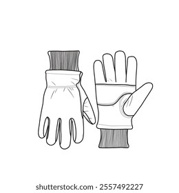 Pair of winter work gloves for men and women, work gloves with grip. Design a technical flat sketch template isolated on a white background.