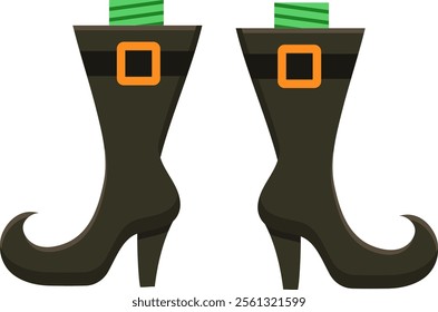 Pair of witch s boots with green socks and orange buckles standing on a white background, creating a spooky and festive Halloween atmosphere