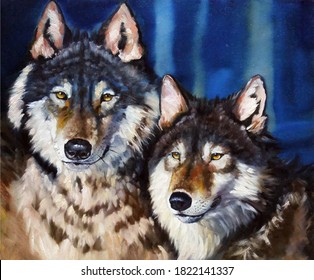 A pair of wolves oil painting. vector