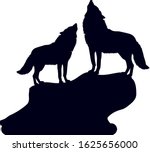 Pair of Wolves on a hill with their heads raised, howl, silhouette on a white background, close up, vector