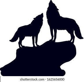 Pair of Wolves on a hill with their heads raised, howl, silhouette on a white background, close up, vector