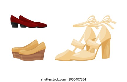 Pair of Woman Shoes and Casual Footwear Vector Set