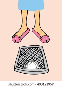 A pair of woman's legs in pink animal slippers stands near a set of bathroom weighing scales